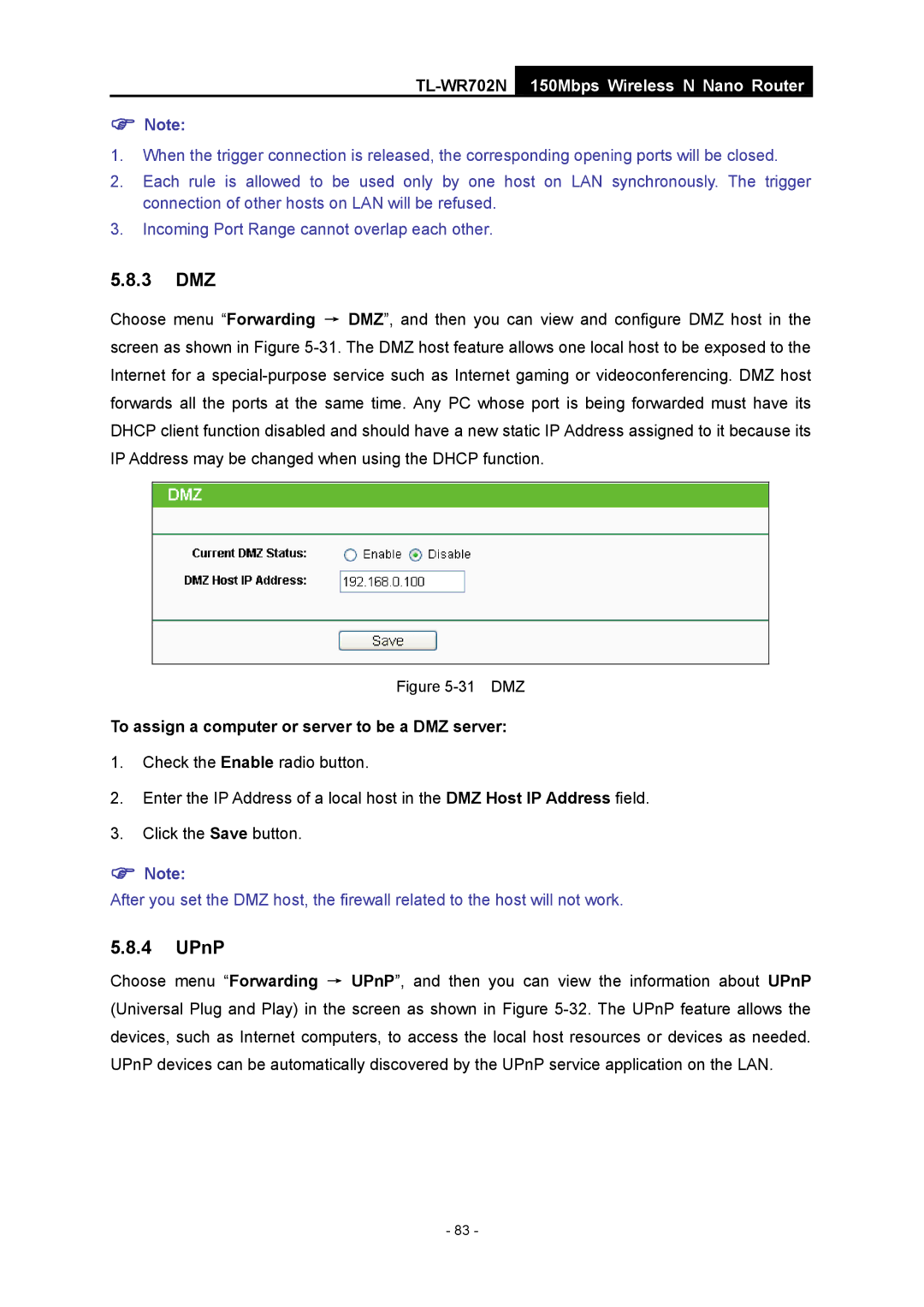 TP-Link TL-WR702N manual 3 DMZ, UPnP, To assign a computer or server to be a DMZ server 