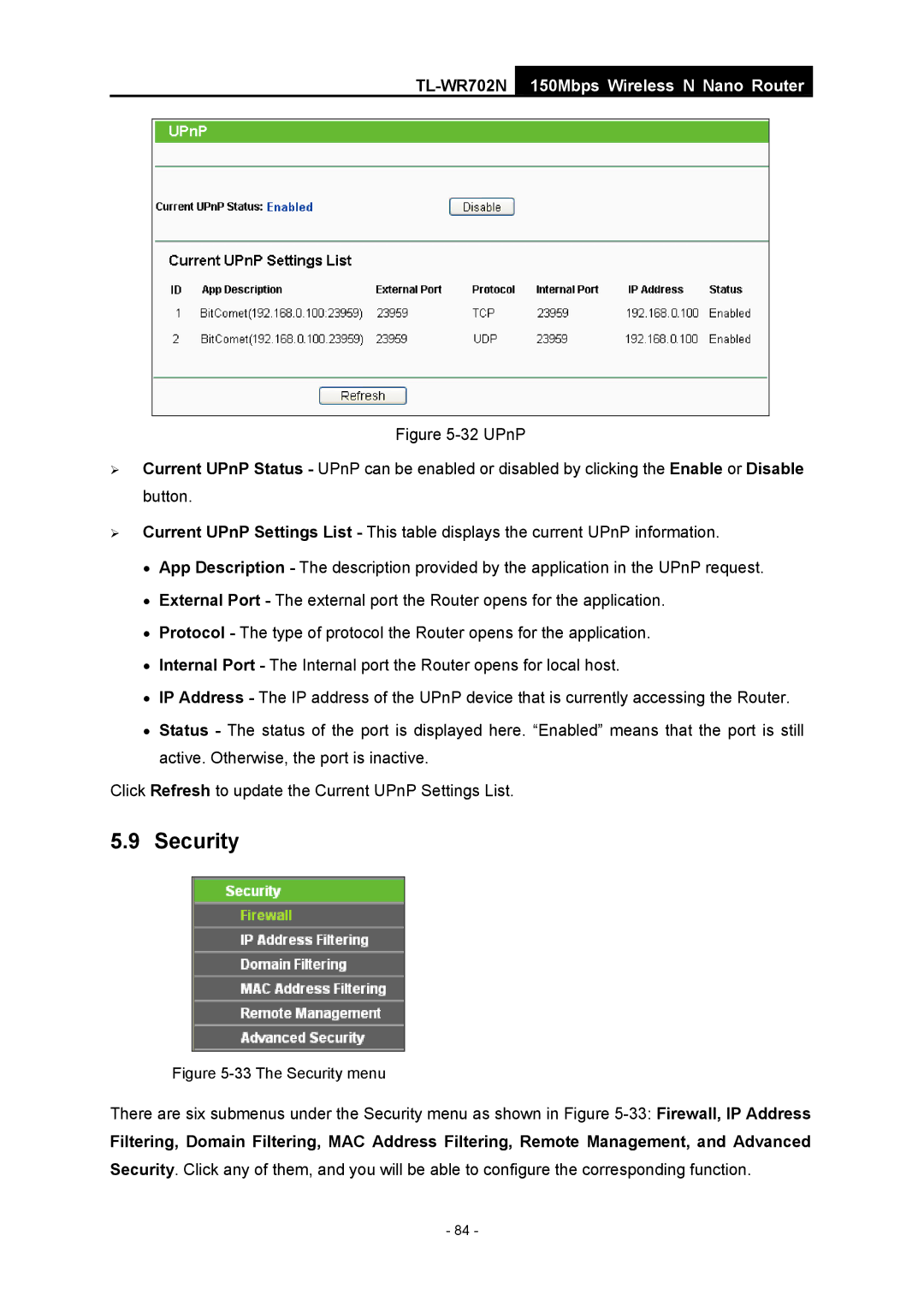 TP-Link TL-WR702N manual The Security menu 