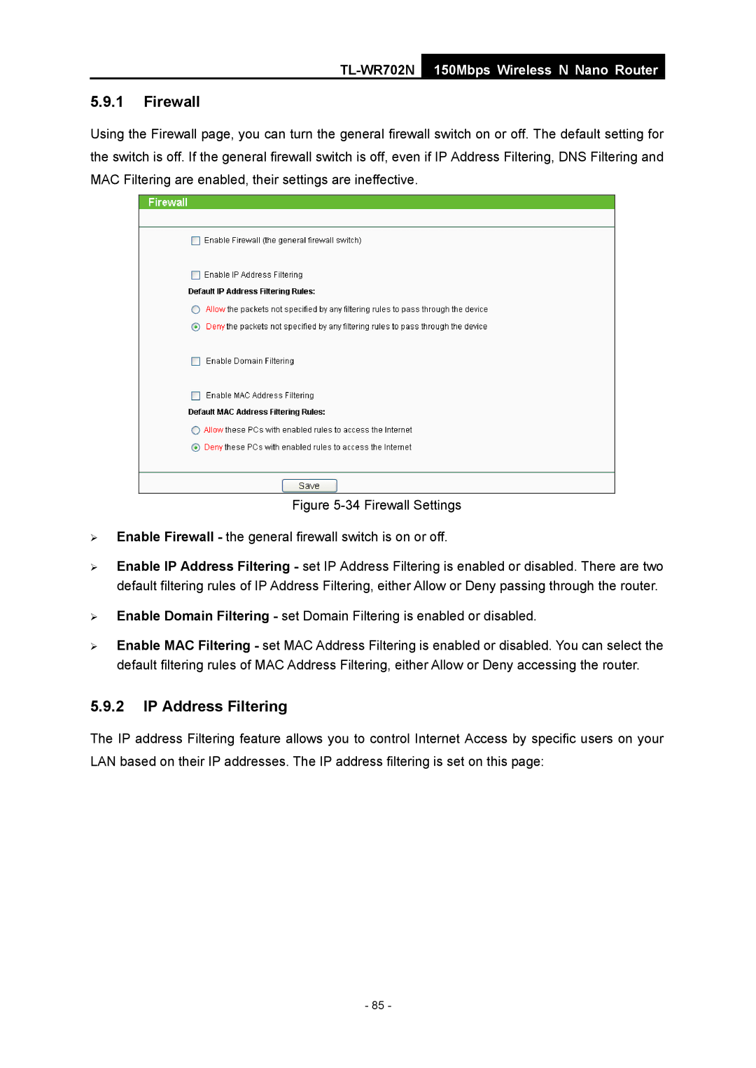 TP-Link TL-WR702N manual Firewall, IP Address Filtering 