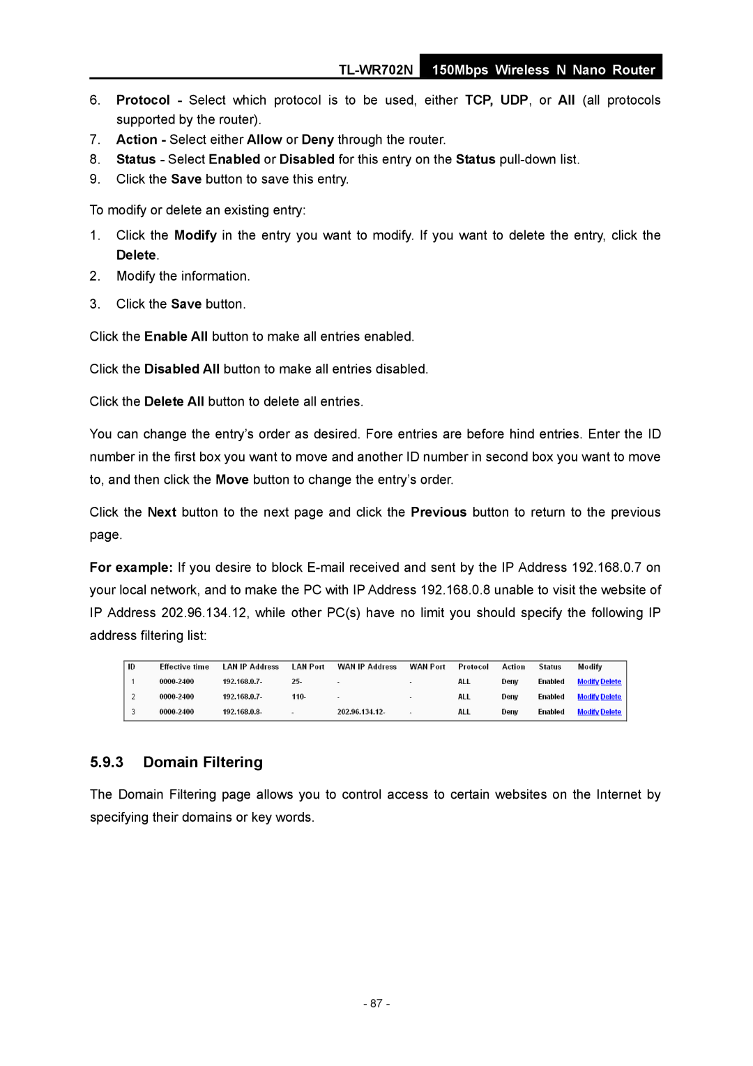 TP-Link TL-WR702N manual Domain Filtering 