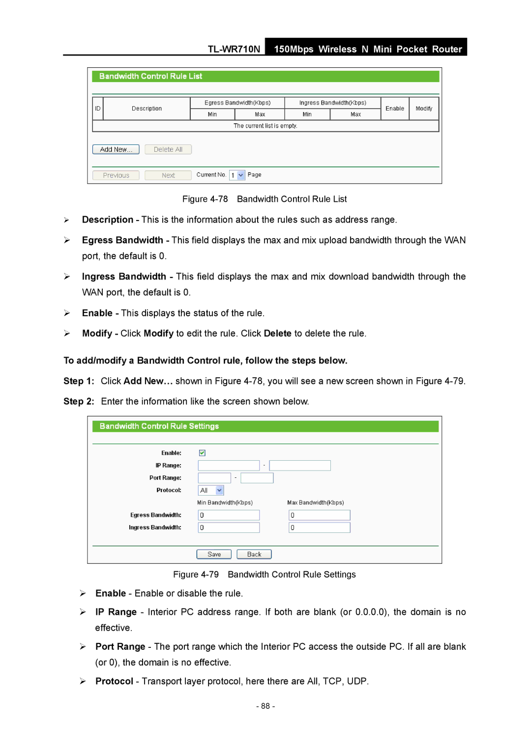 TP-Link TL-WR710N manual Bandwidth Control Rule List 