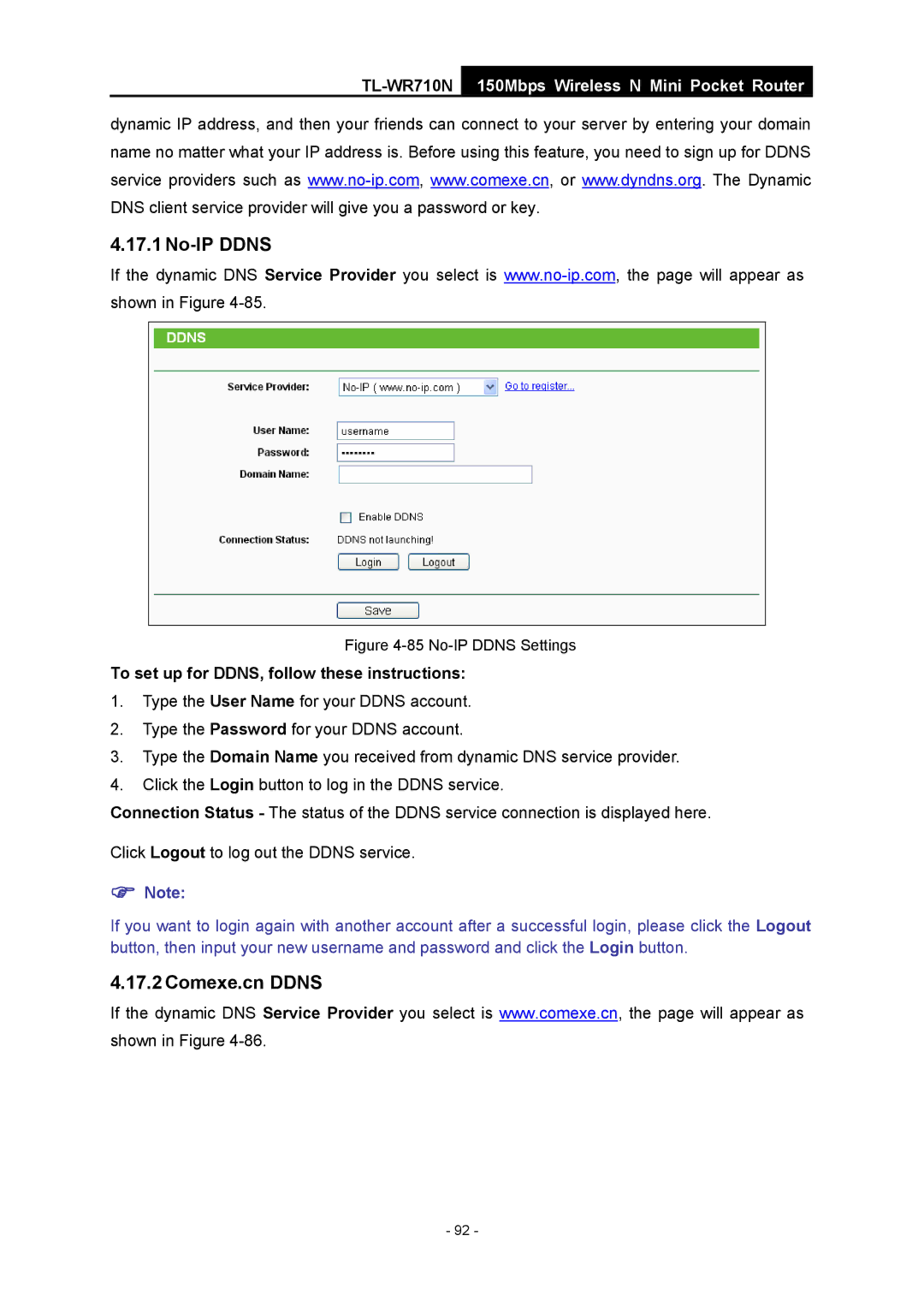 TP-Link TL-WR710N manual No-IP Ddns, Comexe.cn Ddns, To set up for DDNS, follow these instructions 