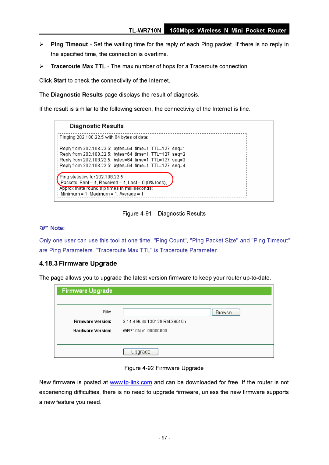 TP-Link TL-WR710N manual Firmware Upgrade, Diagnostic Results 