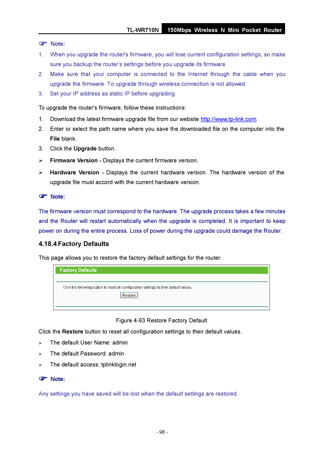 TP-Link TL-WR710N manual Factory Defaults 