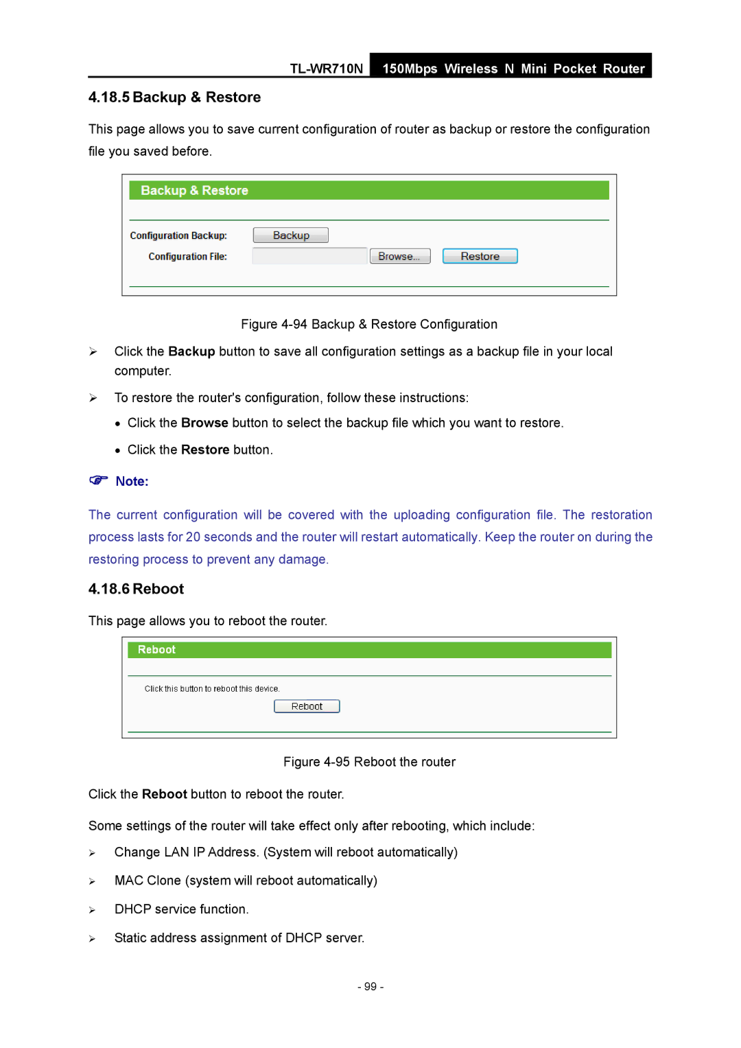 TP-Link TL-WR710N manual Backup & Restore, Reboot 