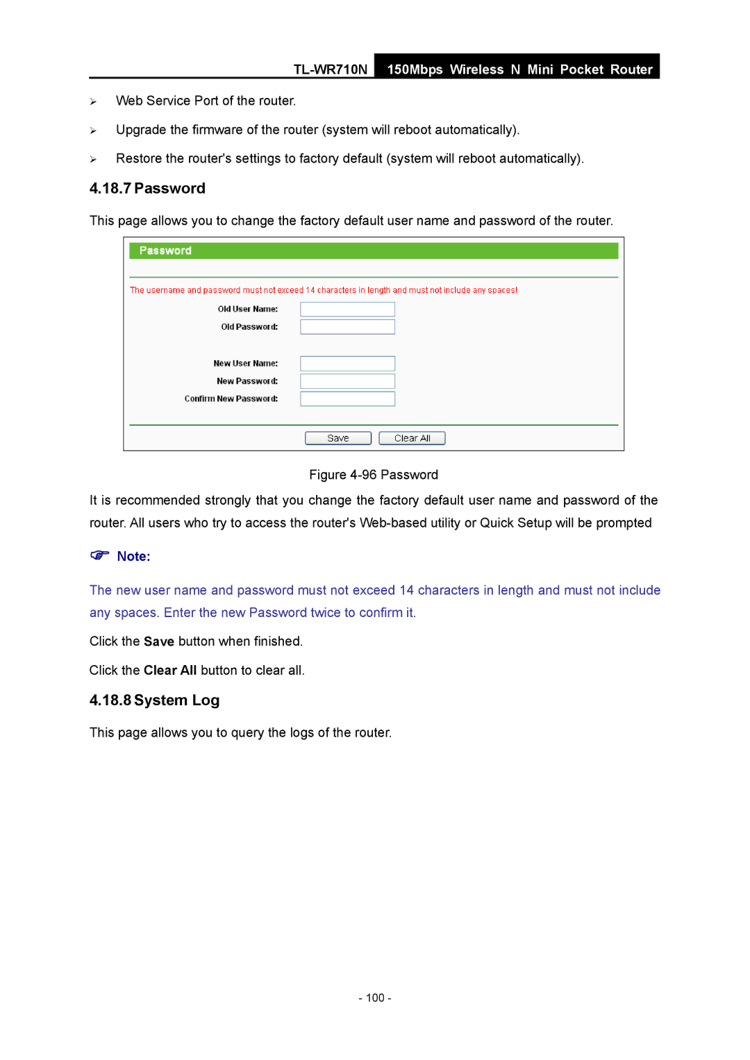 TP-Link TL-WR710N manual Password, System Log 