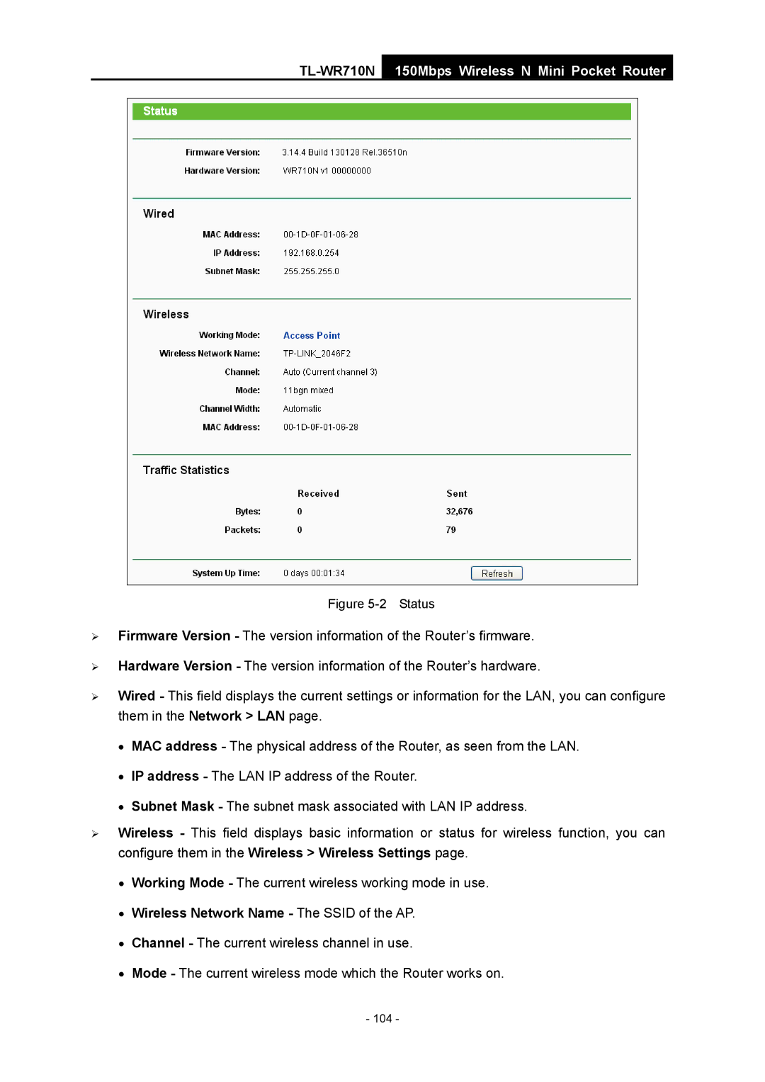 TP-Link TL-WR710N manual Wireless Network Name The Ssid of the AP, Status 