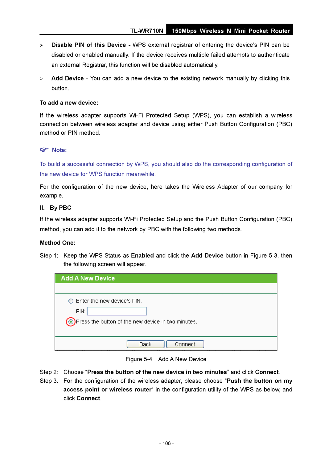 TP-Link TL-WR710N manual To add a new device, II. By PBC 