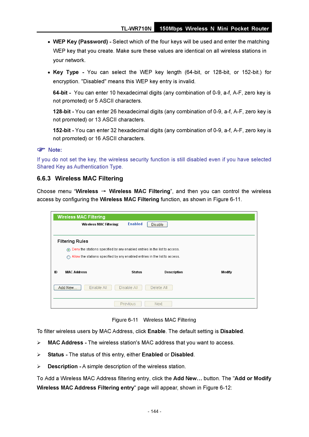 TP-Link TL-WR710N manual Wireless MAC Filtering 