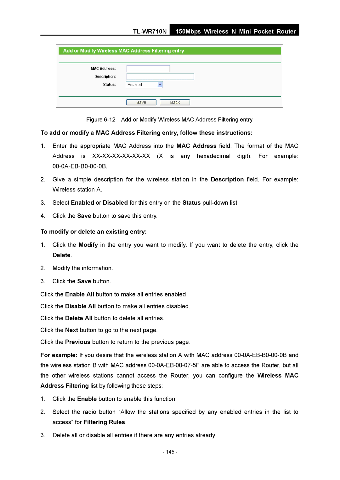 TP-Link TL-WR710N manual Add or Modify Wireless MAC Address Filtering entry 