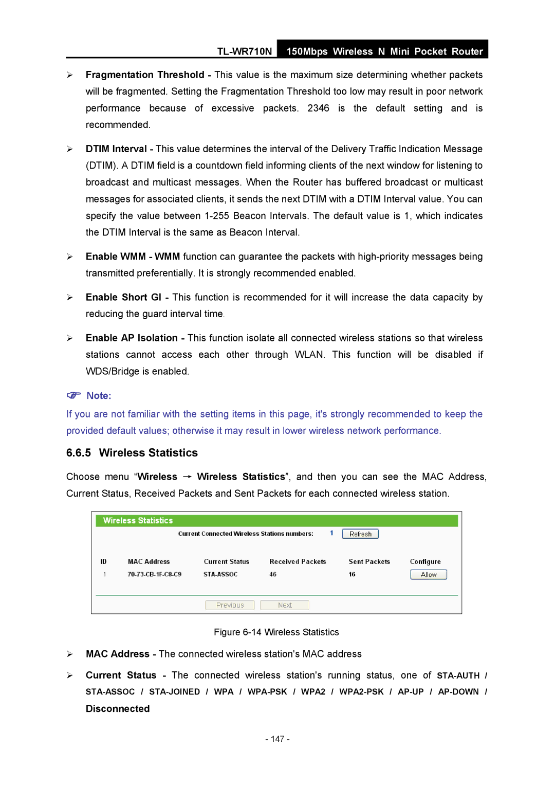 TP-Link TL-WR710N manual Wireless Statistics 