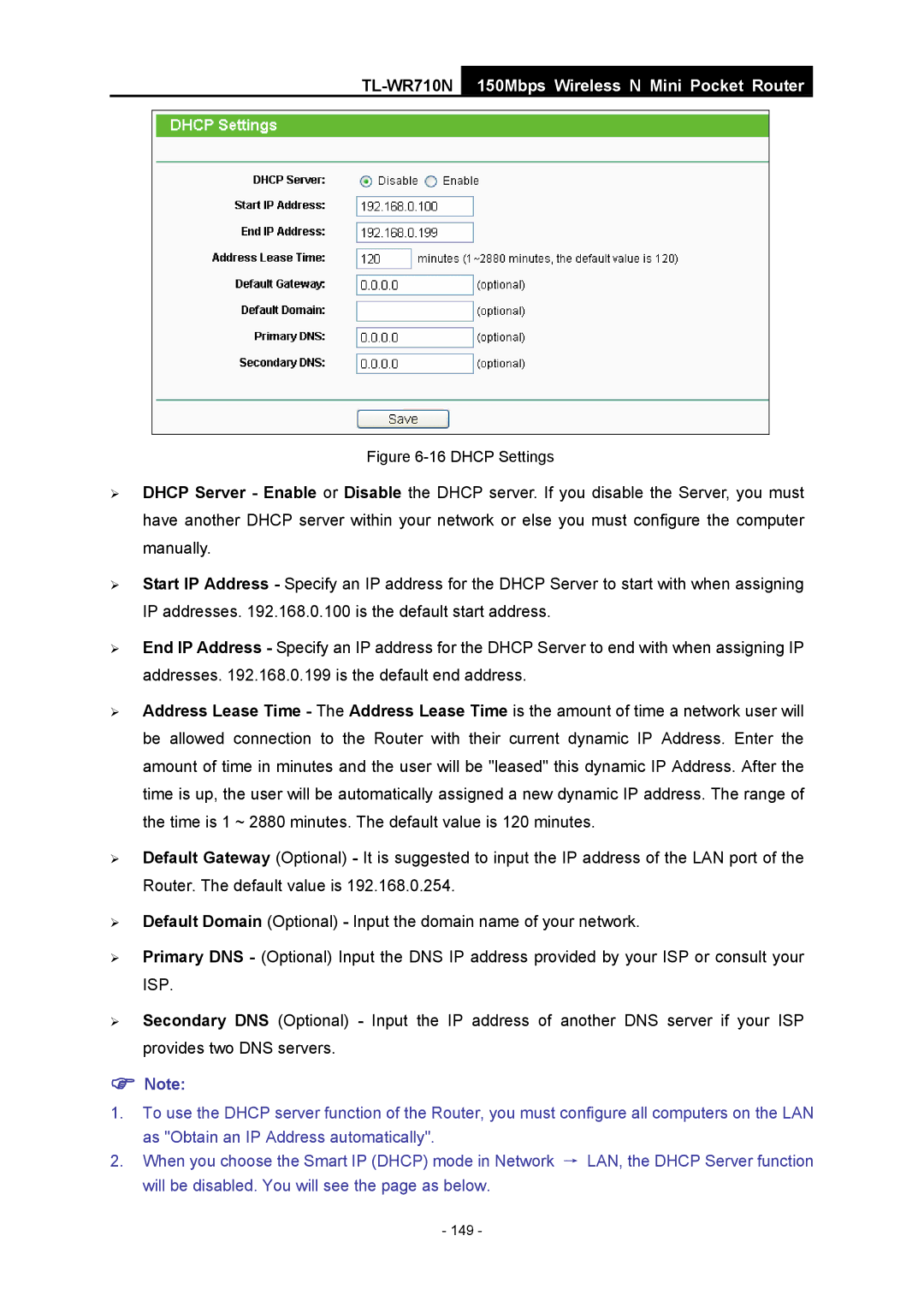 TP-Link TL-WR710N manual Dhcp Settings 