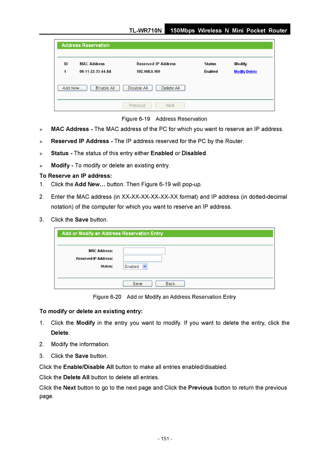 TP-Link TL-WR710N manual Address Reservation 