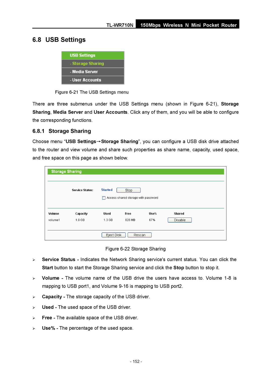 TP-Link TL-WR710N manual The USB Settings menu 