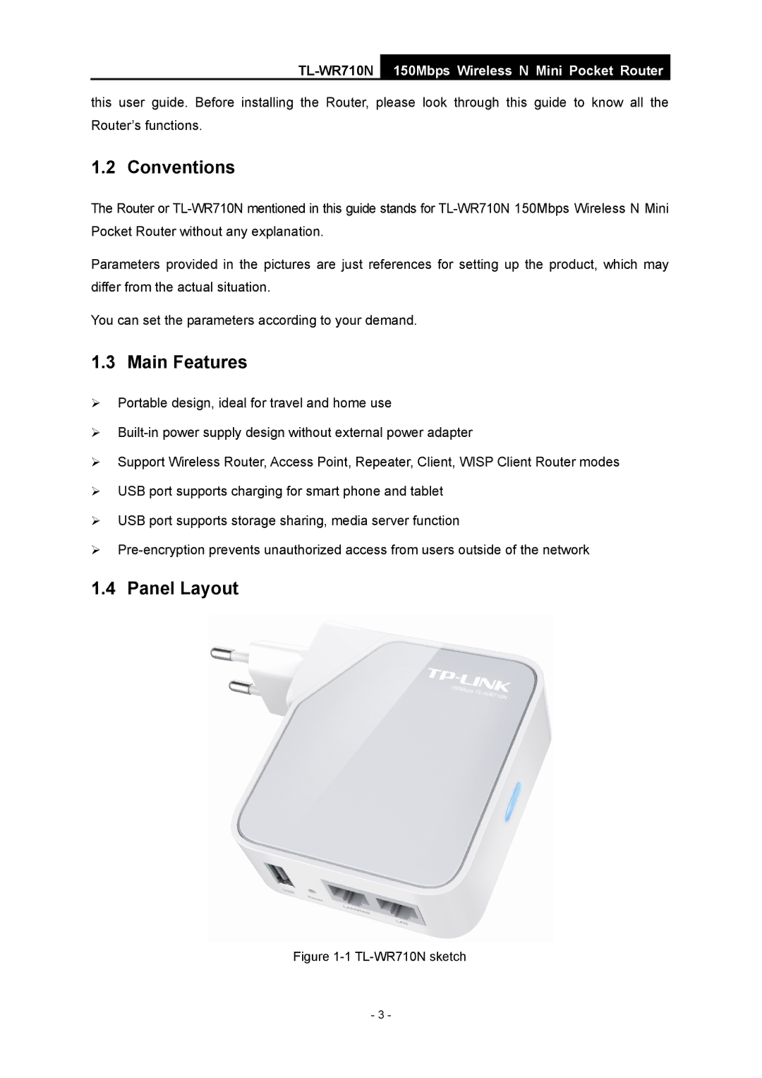 TP-Link TL-WR710N manual Conventions, Main Features, Panel Layout 