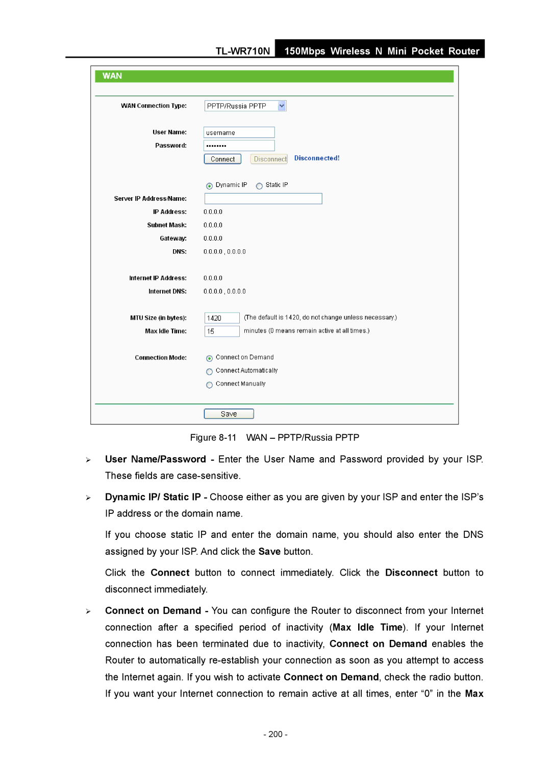 TP-Link TL-WR710N manual WAN PPTP/Russia Pptp 