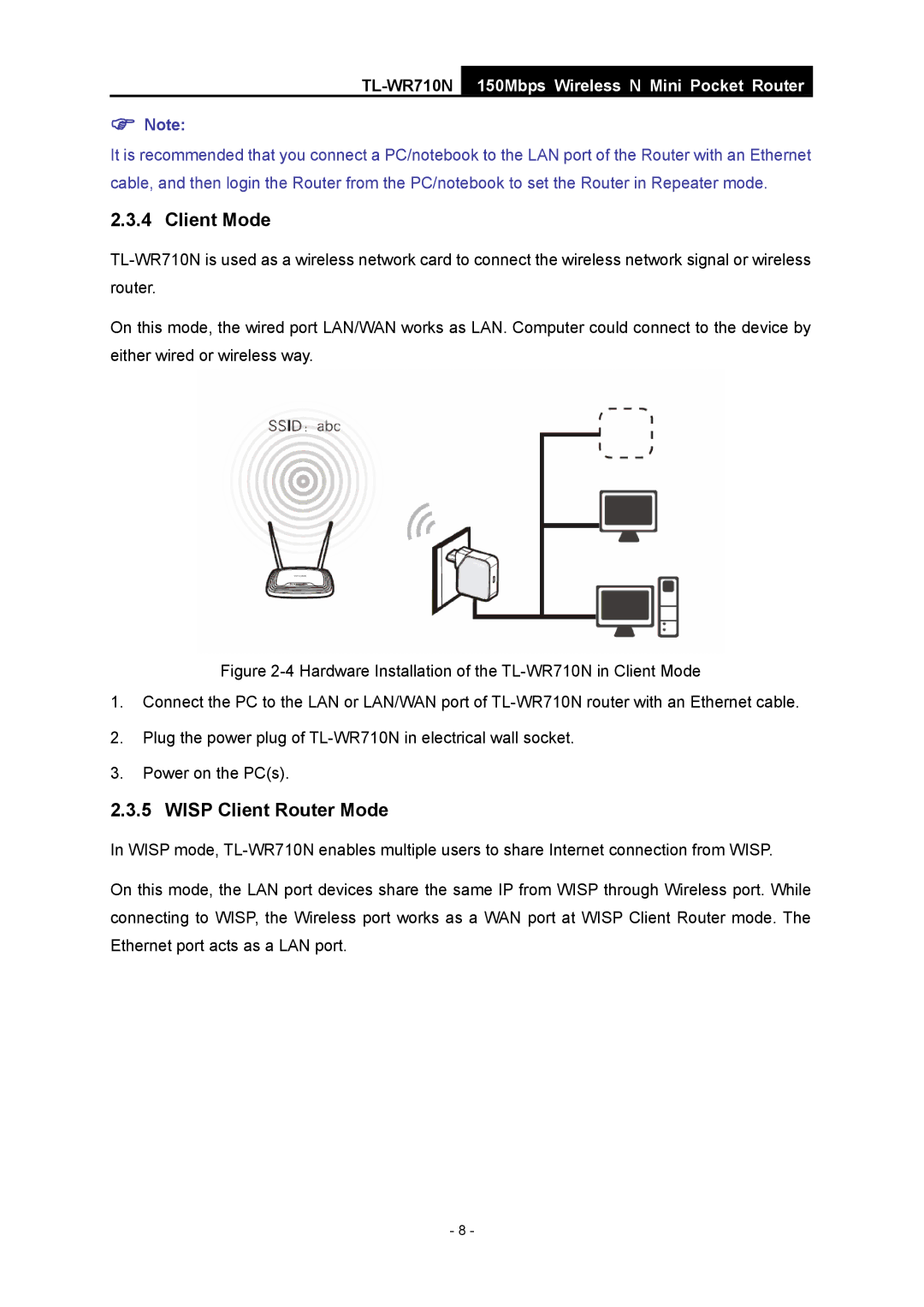 TP-Link TL-WR710N manual Client Mode, Wisp Client Router Mode 