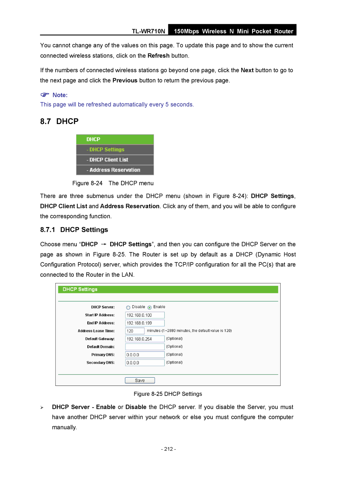 TP-Link TL-WR710N manual Dhcp Settings 