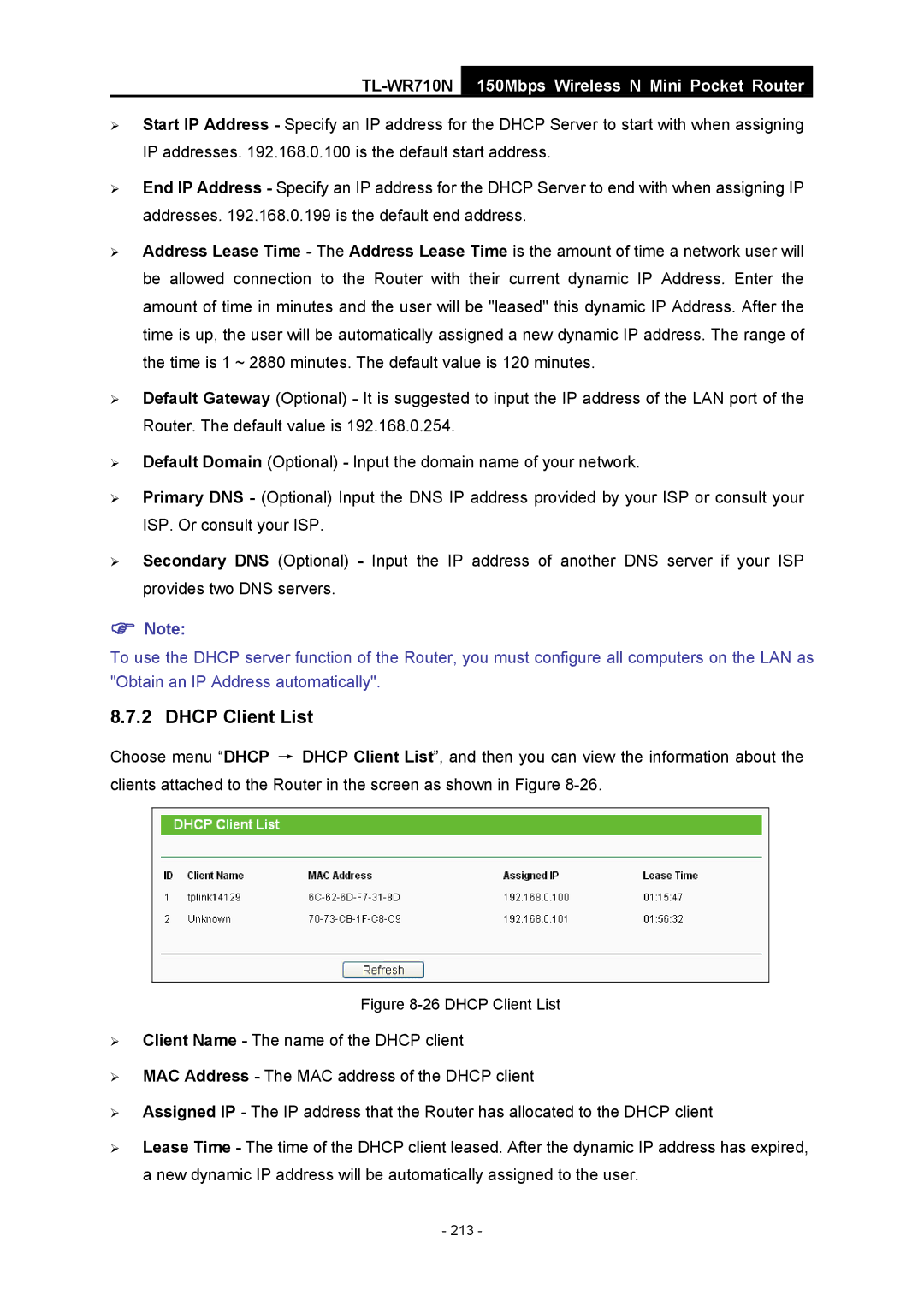 TP-Link TL-WR710N manual Dhcp Client List 