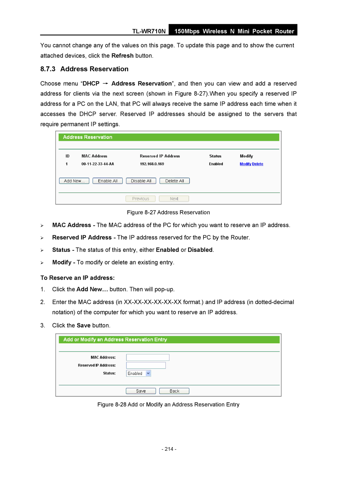 TP-Link TL-WR710N manual Address Reservation 