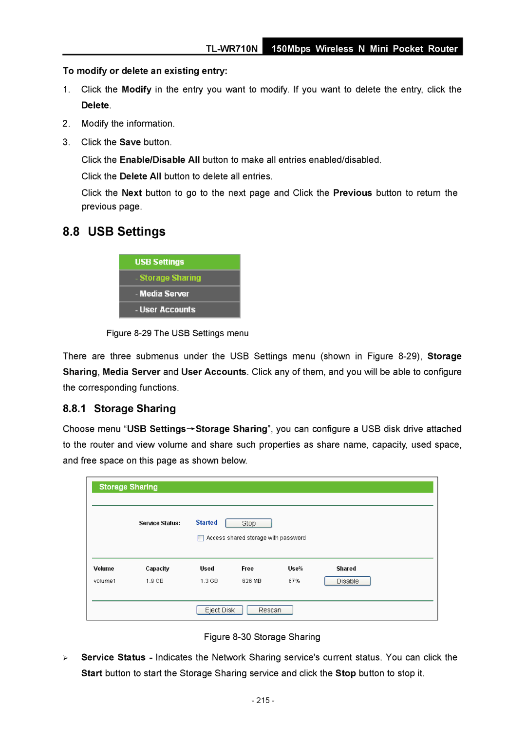 TP-Link TL-WR710N manual The USB Settings menu 