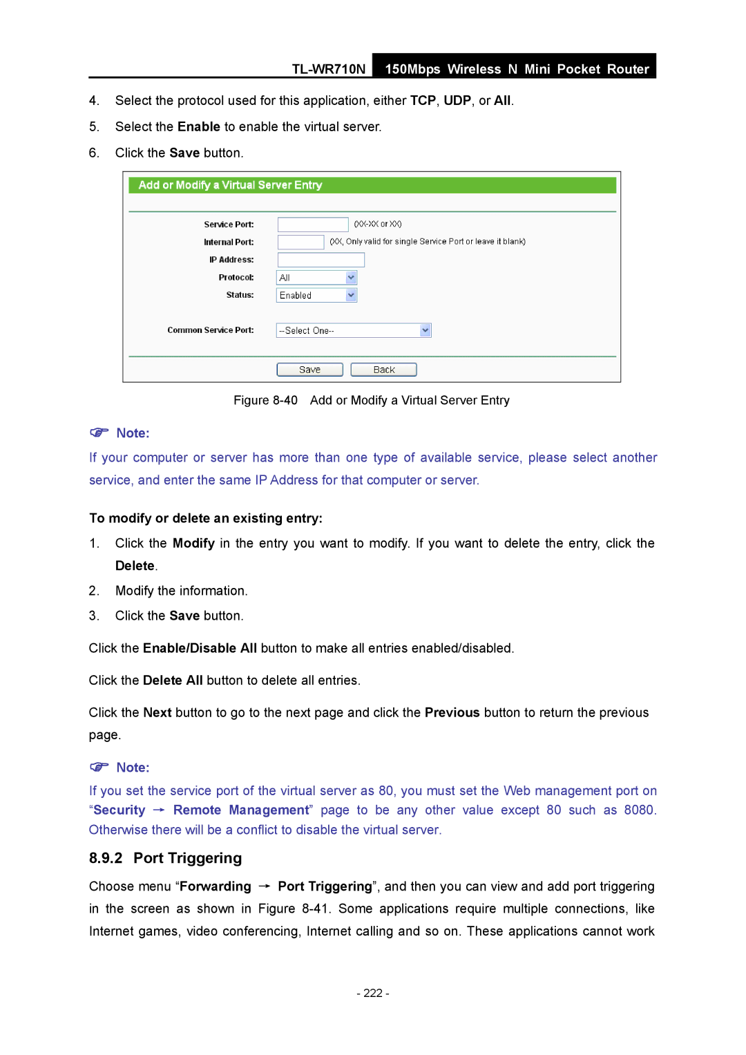 TP-Link TL-WR710N manual Add or Modify a Virtual Server Entry 