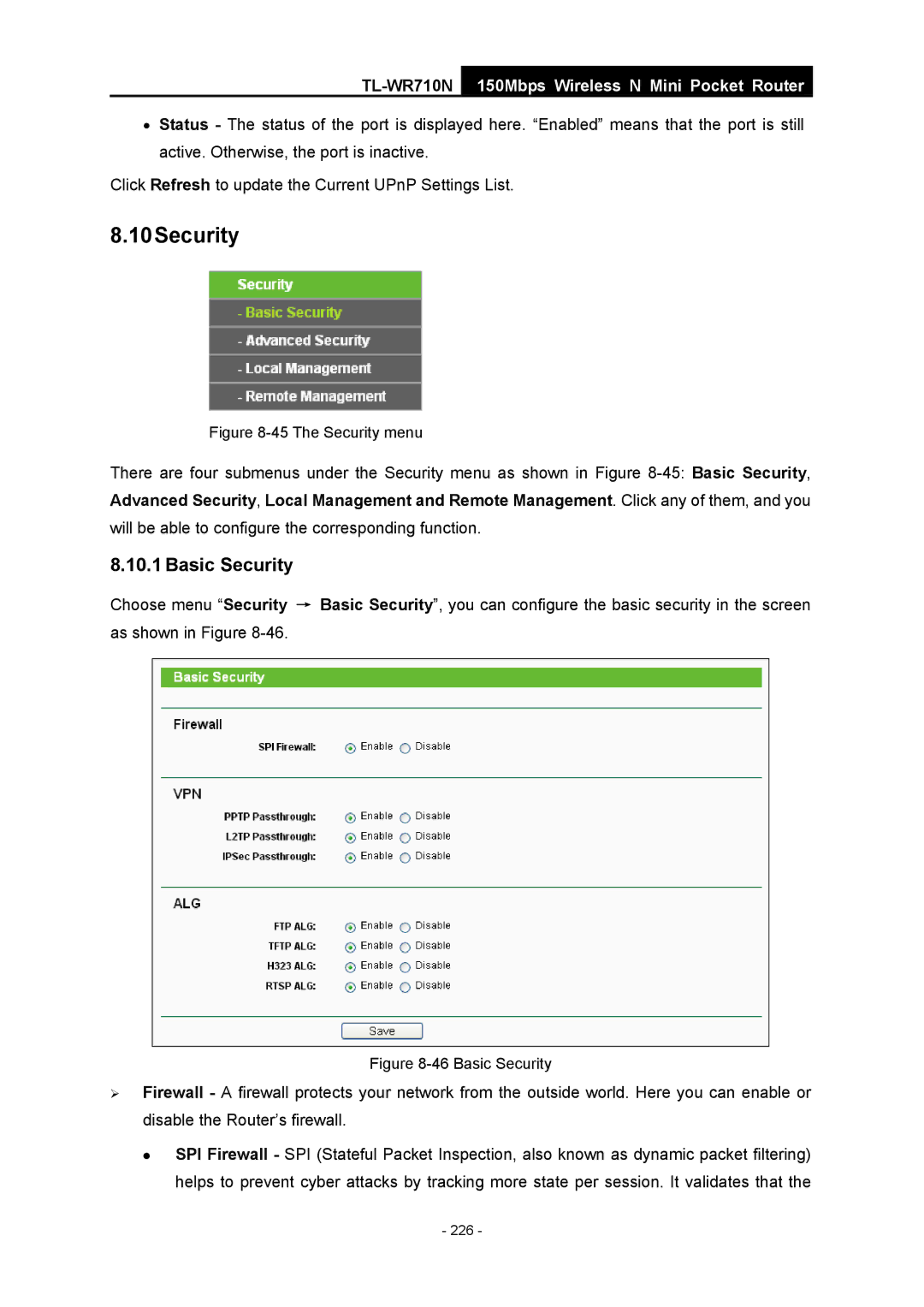 TP-Link TL-WR710N manual 10Security, The Security menu 