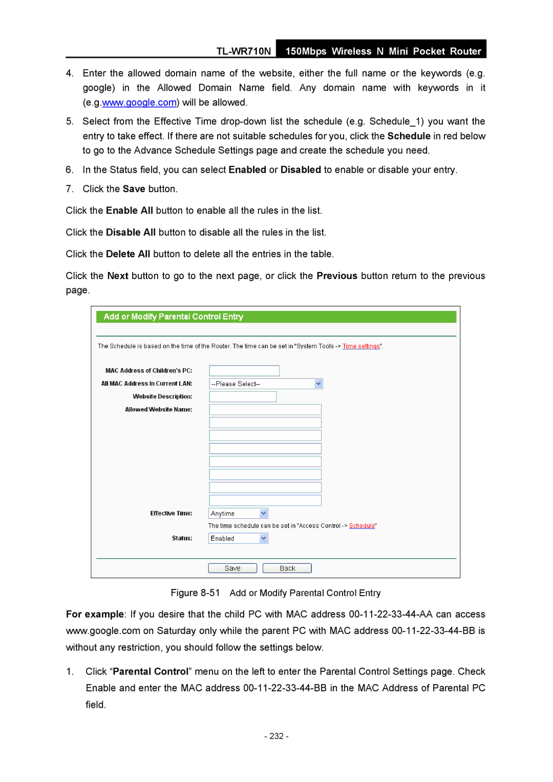 TP-Link TL-WR710N manual 51Add or Modify Parental Control Entry 