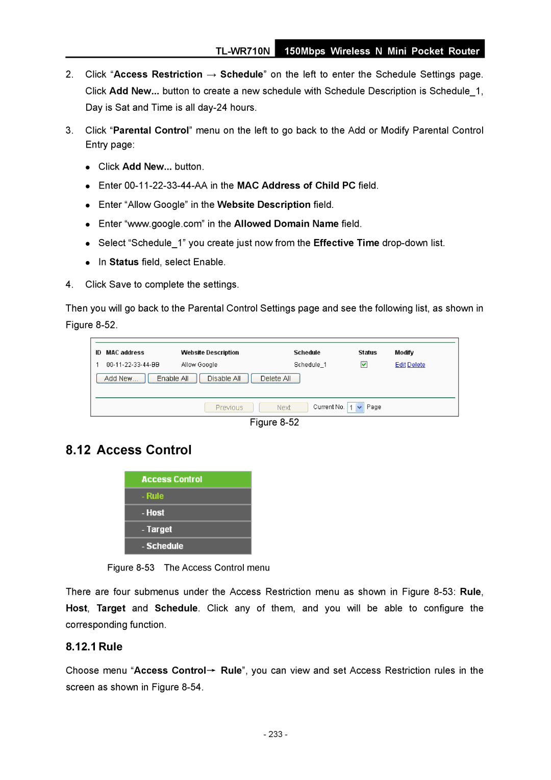 TP-Link TL-WR710N manual The Access Control menu 