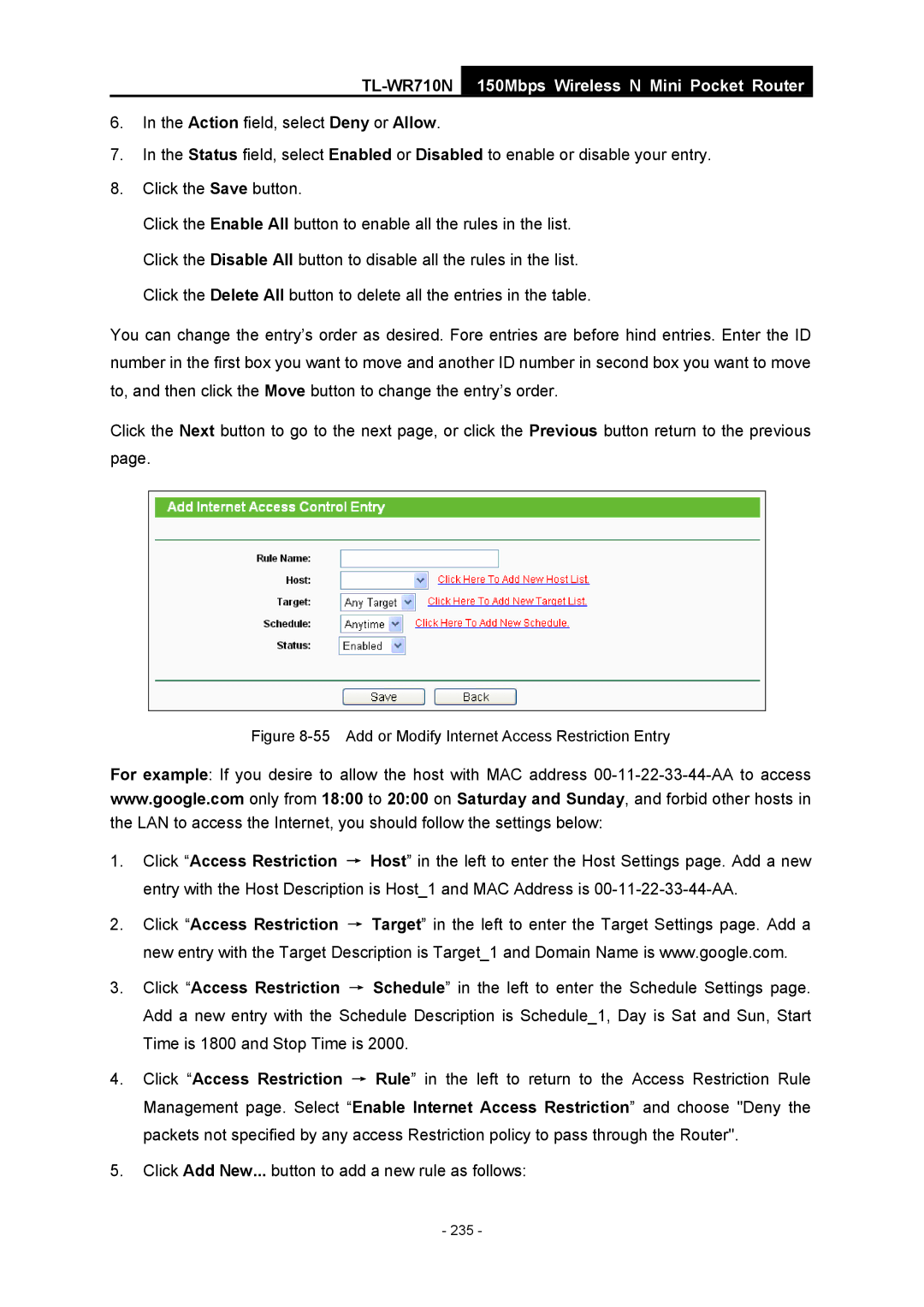 TP-Link TL-WR710N manual Add or Modify Internet Access Restriction Entry 