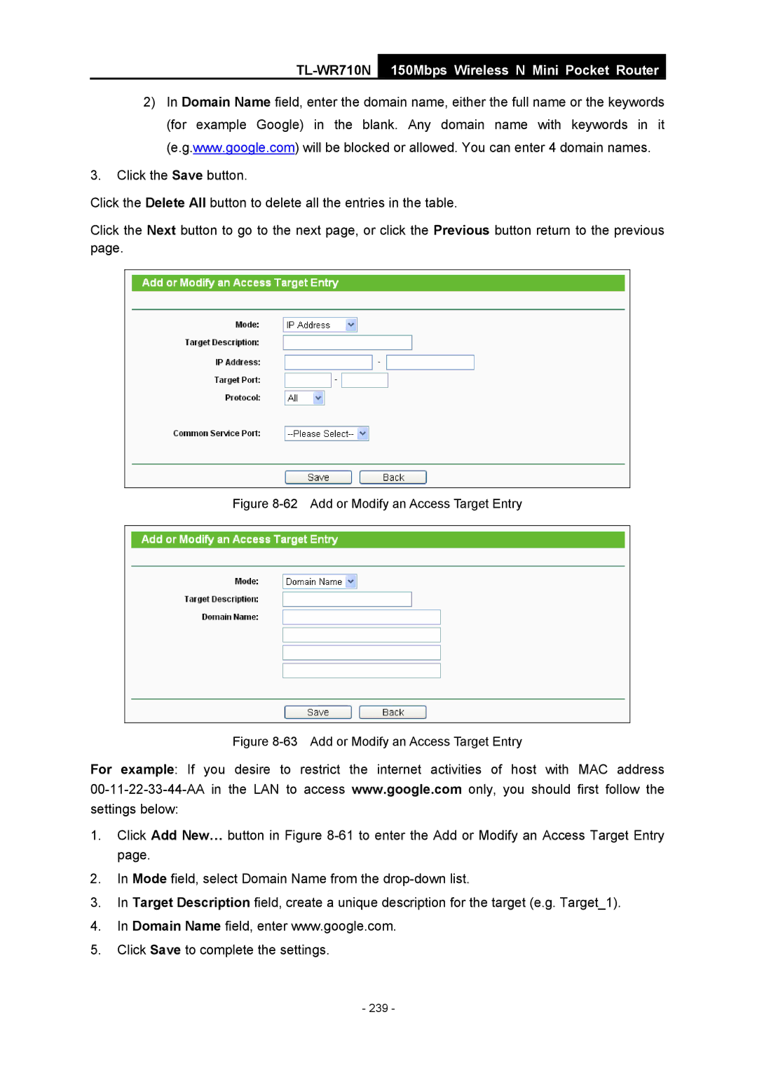 TP-Link TL-WR710N manual Add or Modify an Access Target Entry 