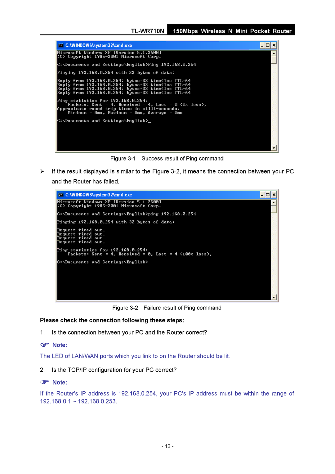 TP-Link TL-WR710N manual Please check the connection following these steps, Success result of Ping command 