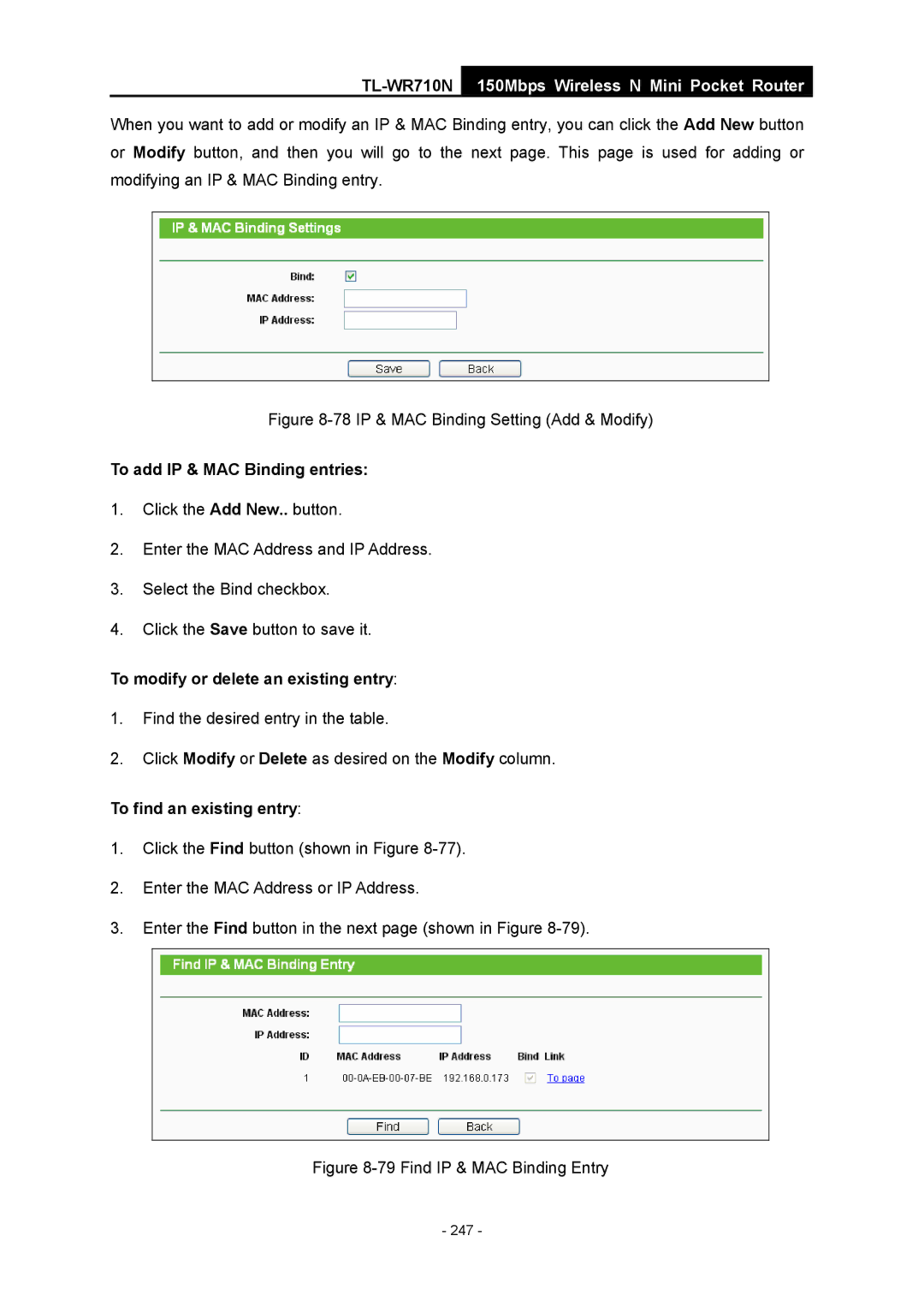 TP-Link TL-WR710N manual 78 IP & MAC Binding Setting Add & Modify 