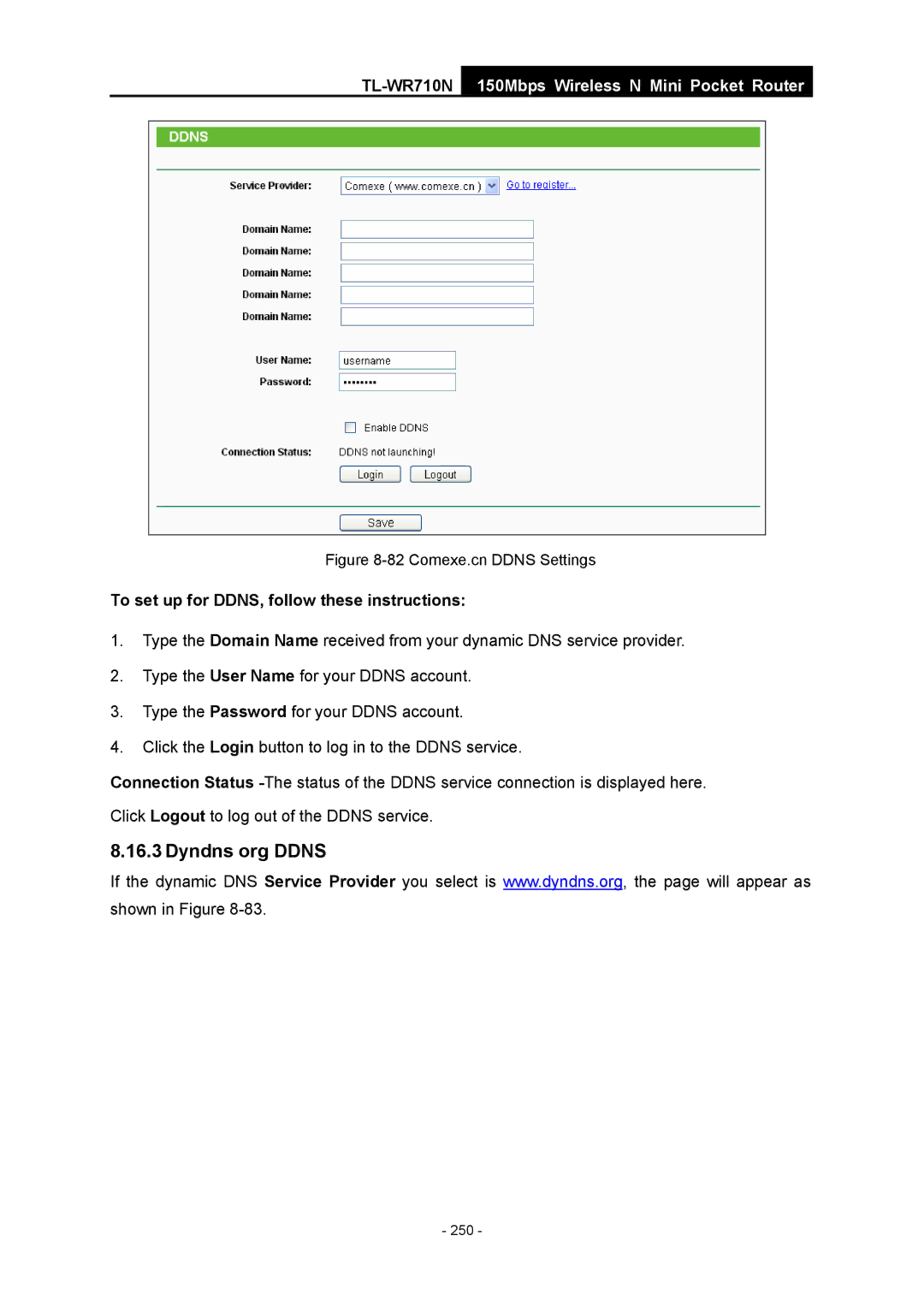 TP-Link TL-WR710N manual Comexe.cn Ddns Settings 