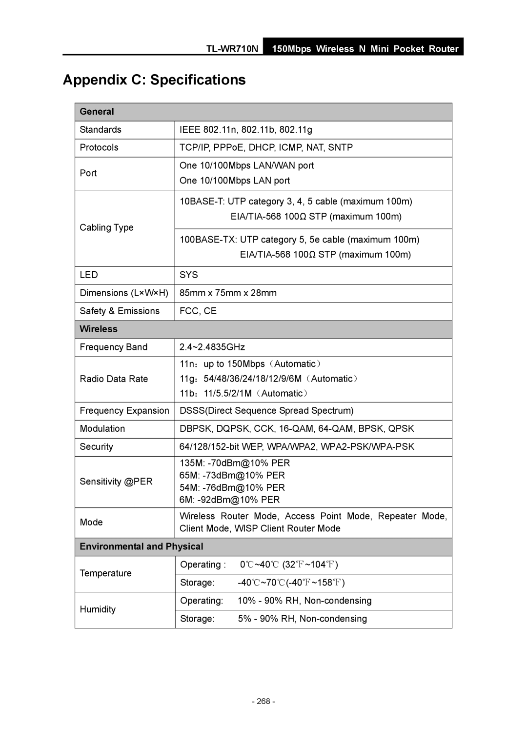 TP-Link TL-WR710N manual General, Wireless, Environmental and Physical 