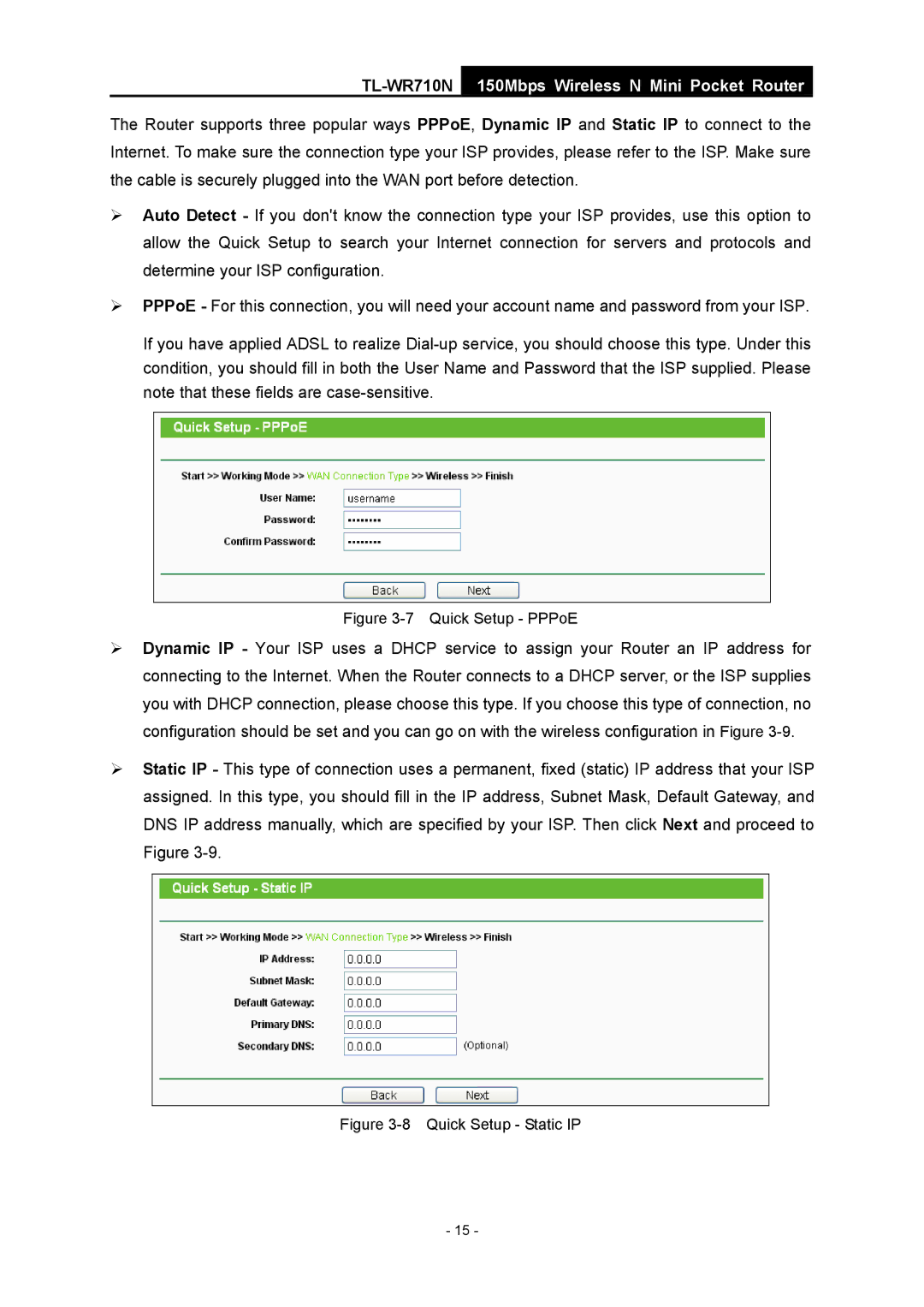 TP-Link TL-WR710N manual Quick Setup Static IP 