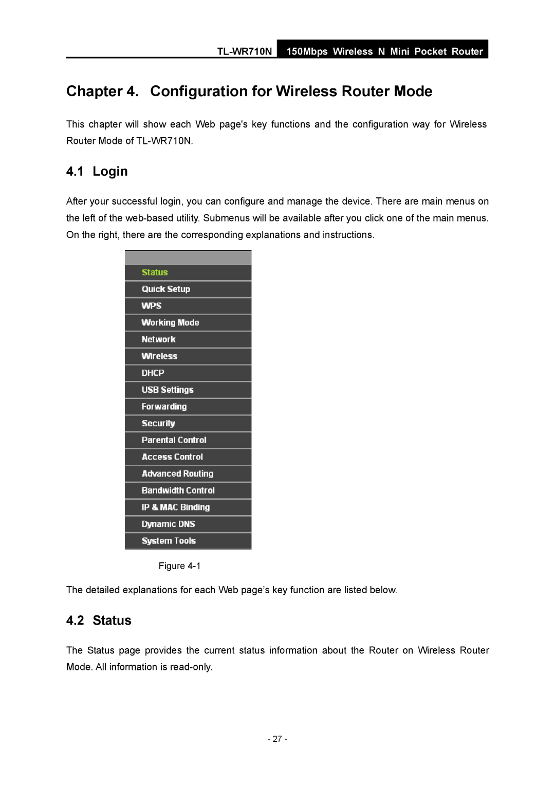 TP-Link TL-WR710N manual Login, Status 