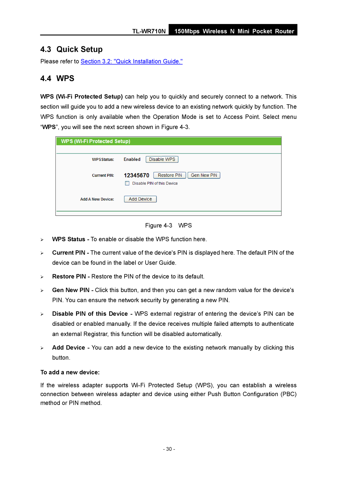 TP-Link TL-WR710N manual Quick Setup, Wps, To add a new device 