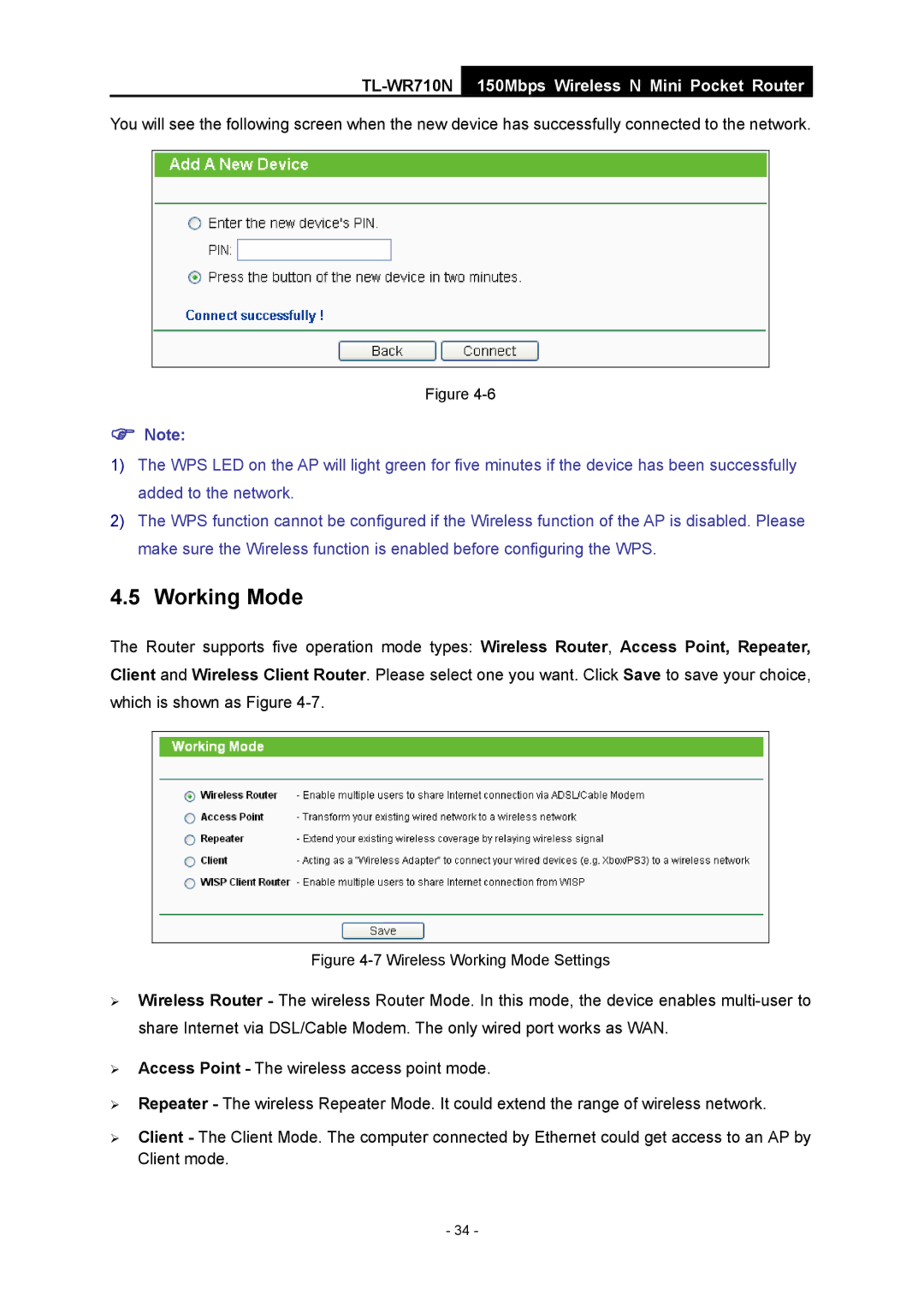 TP-Link TL-WR710N manual Wireless Working Mode Settings 