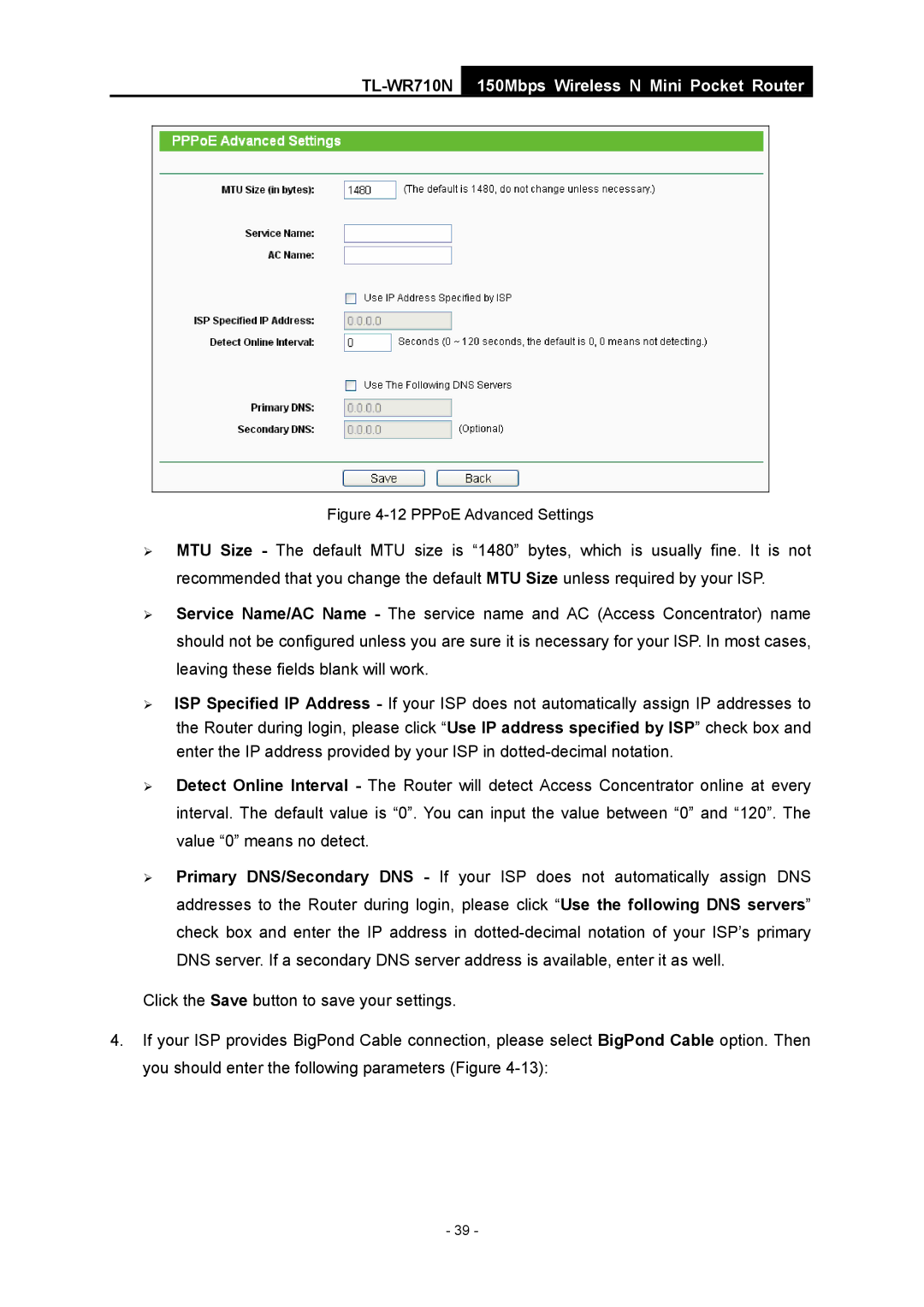 TP-Link TL-WR710N manual PPPoE Advanced Settings 