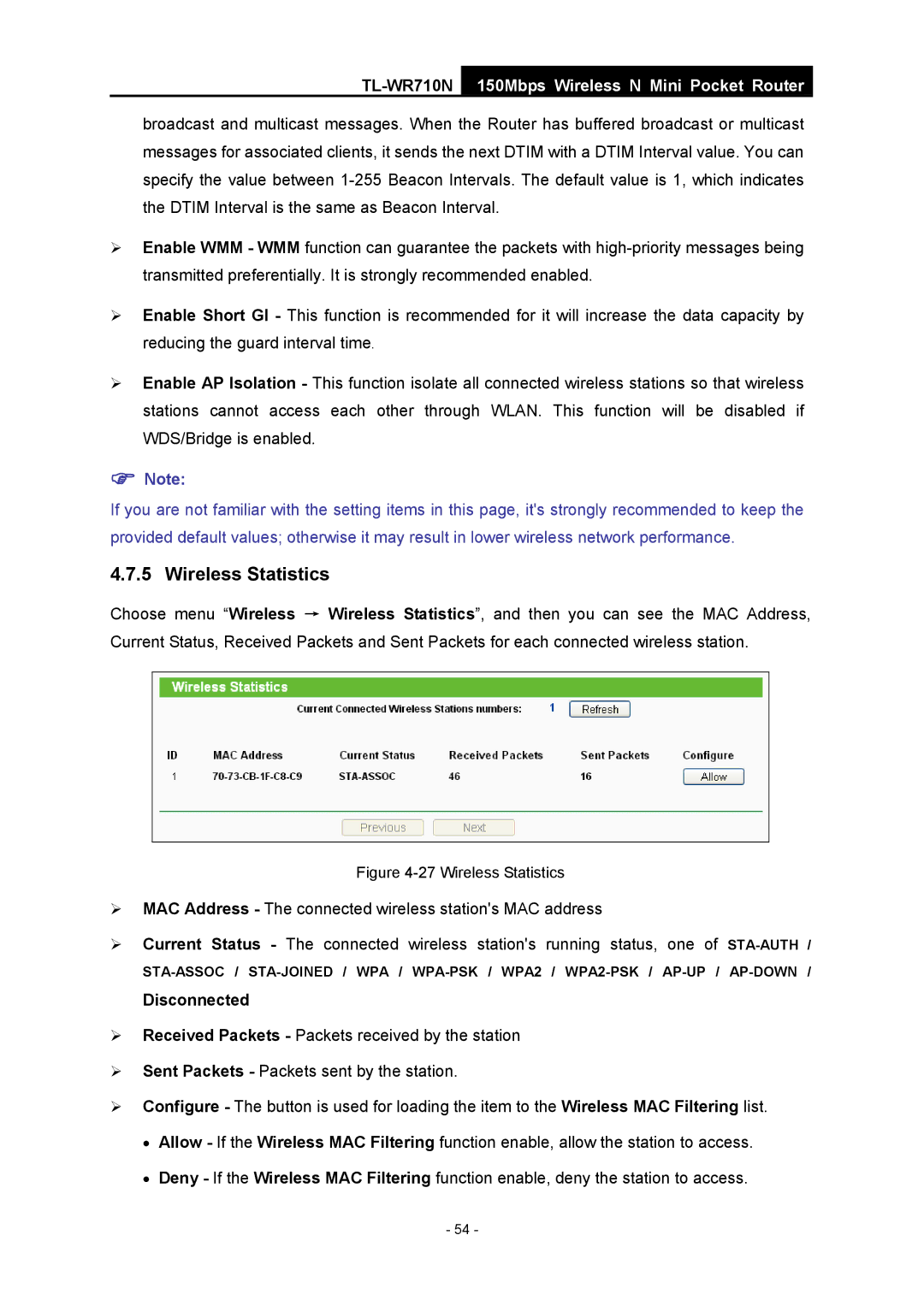 TP-Link TL-WR710N manual Wireless Statistics, Disconnected 