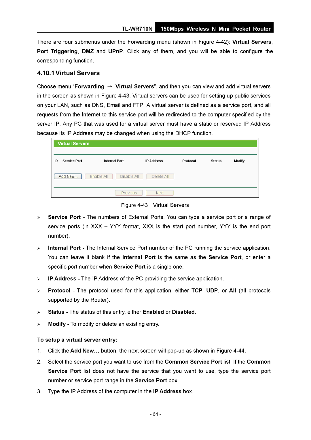 TP-Link TL-WR710N manual Virtual Servers, To setup a virtual server entry 