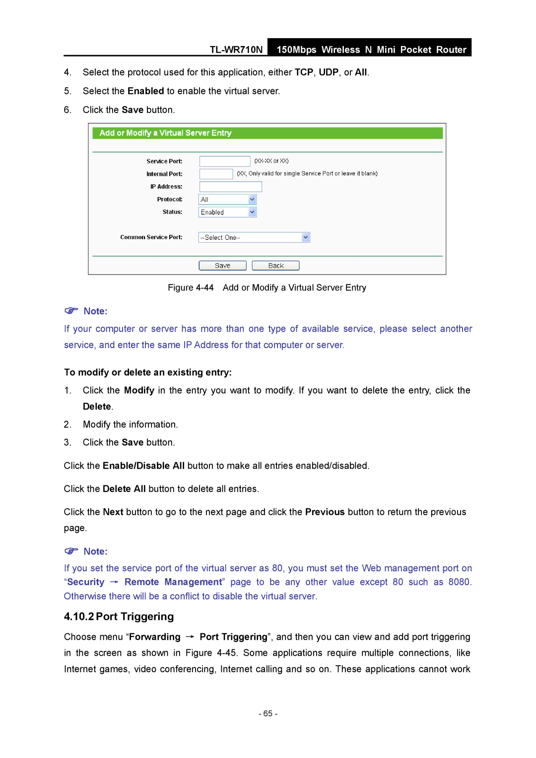 TP-Link TL-WR710N manual Port Triggering, Add or Modify a Virtual Server Entry 