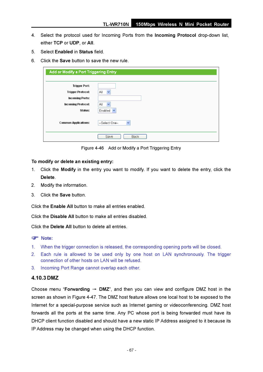 TP-Link TL-WR710N manual 10.3 DMZ, Add or Modify a Port Triggering Entry 