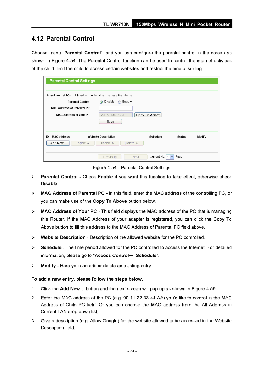 TP-Link TL-WR710N manual Parental Control, To add a new entry, please follow the steps below 