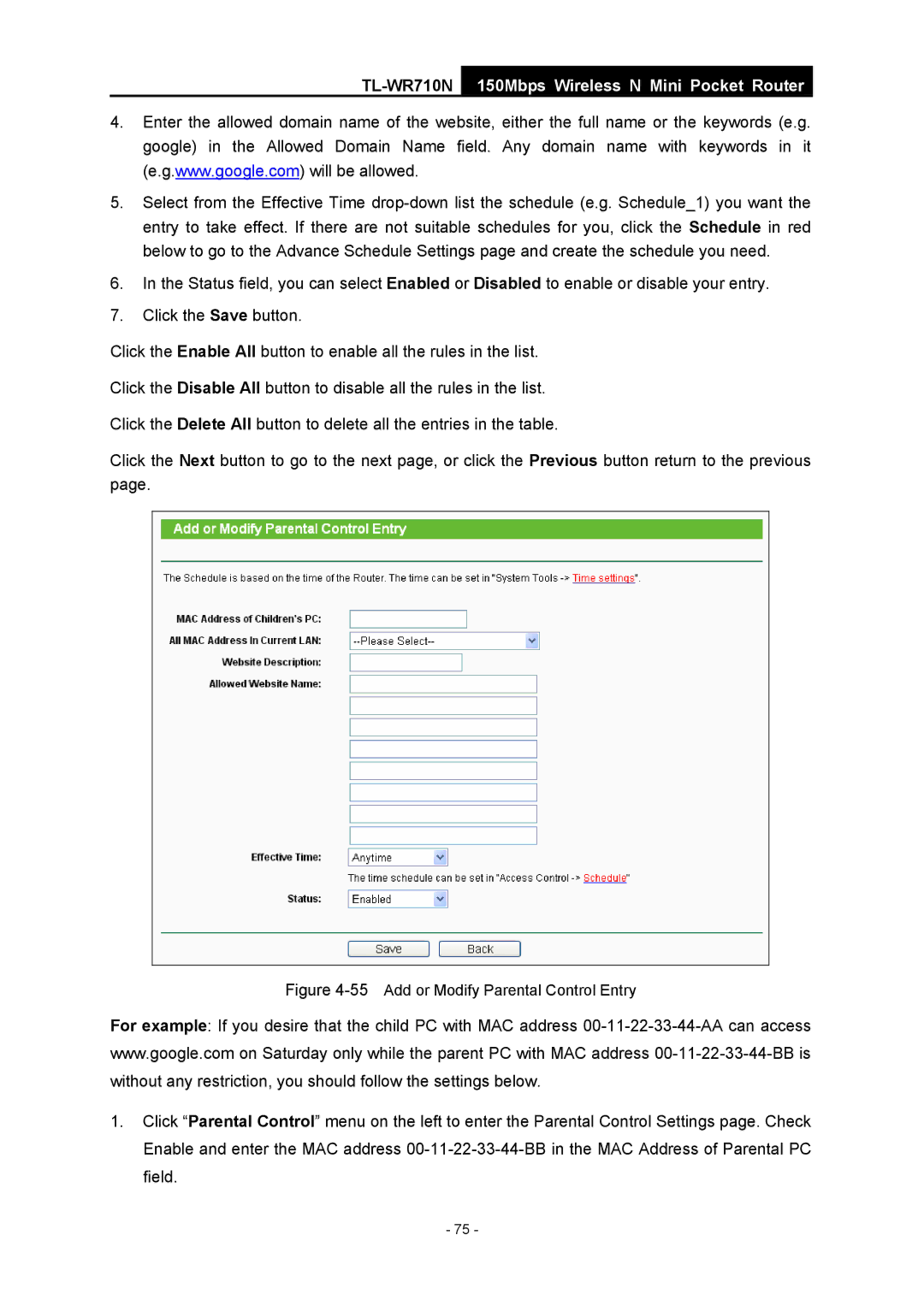 TP-Link TL-WR710N manual 55Add or Modify Parental Control Entry 