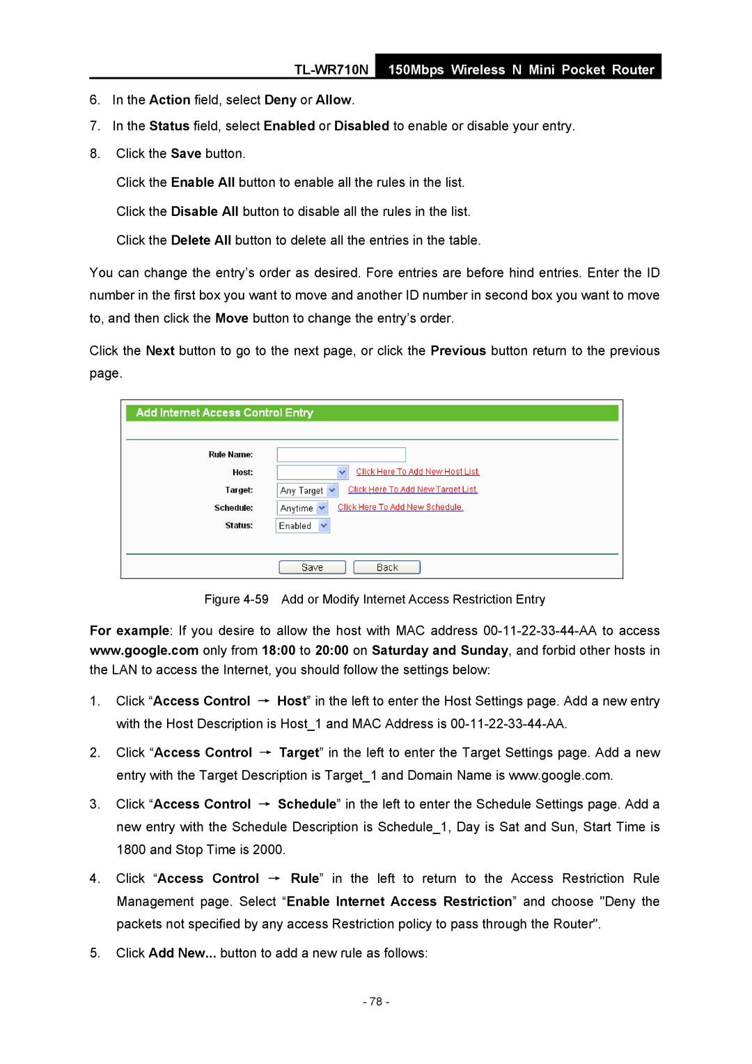 TP-Link TL-WR710N manual Add or Modify Internet Access Restriction Entry 