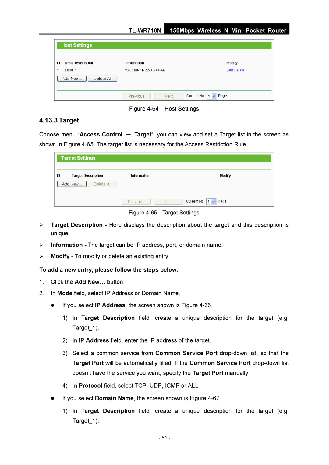 TP-Link TL-WR710N manual Target, Host Settings 