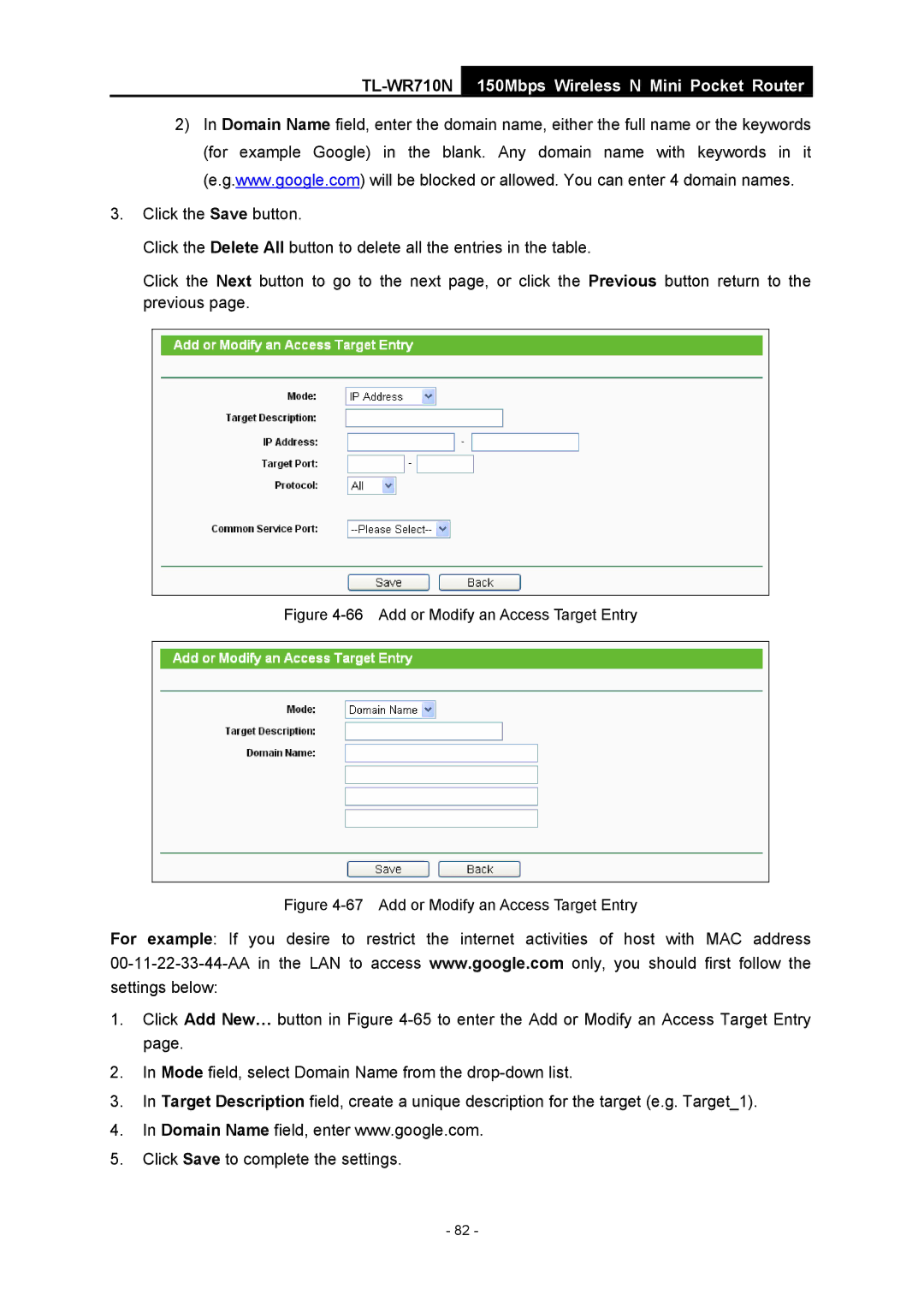 TP-Link TL-WR710N manual Add or Modify an Access Target Entry 