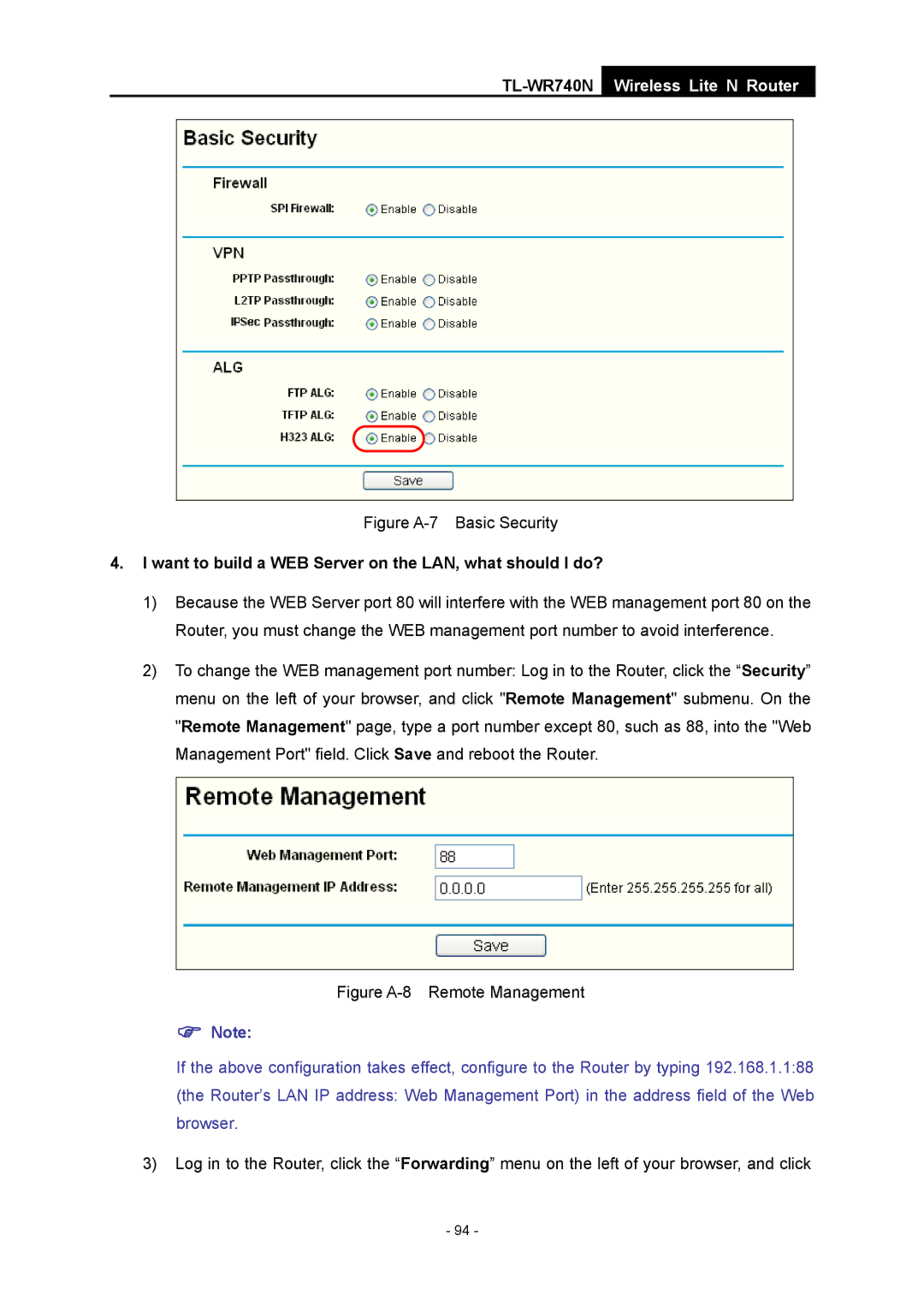 TP-Link TL-WR740N manual Figure A-7 Basic Security, Want to build a WEB Server on the LAN, what should I do? 